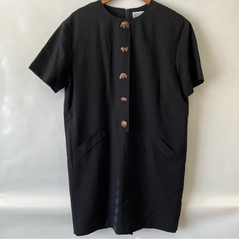 Vintage Jessica Howard Black Career Dress Wooden Animal Buttons